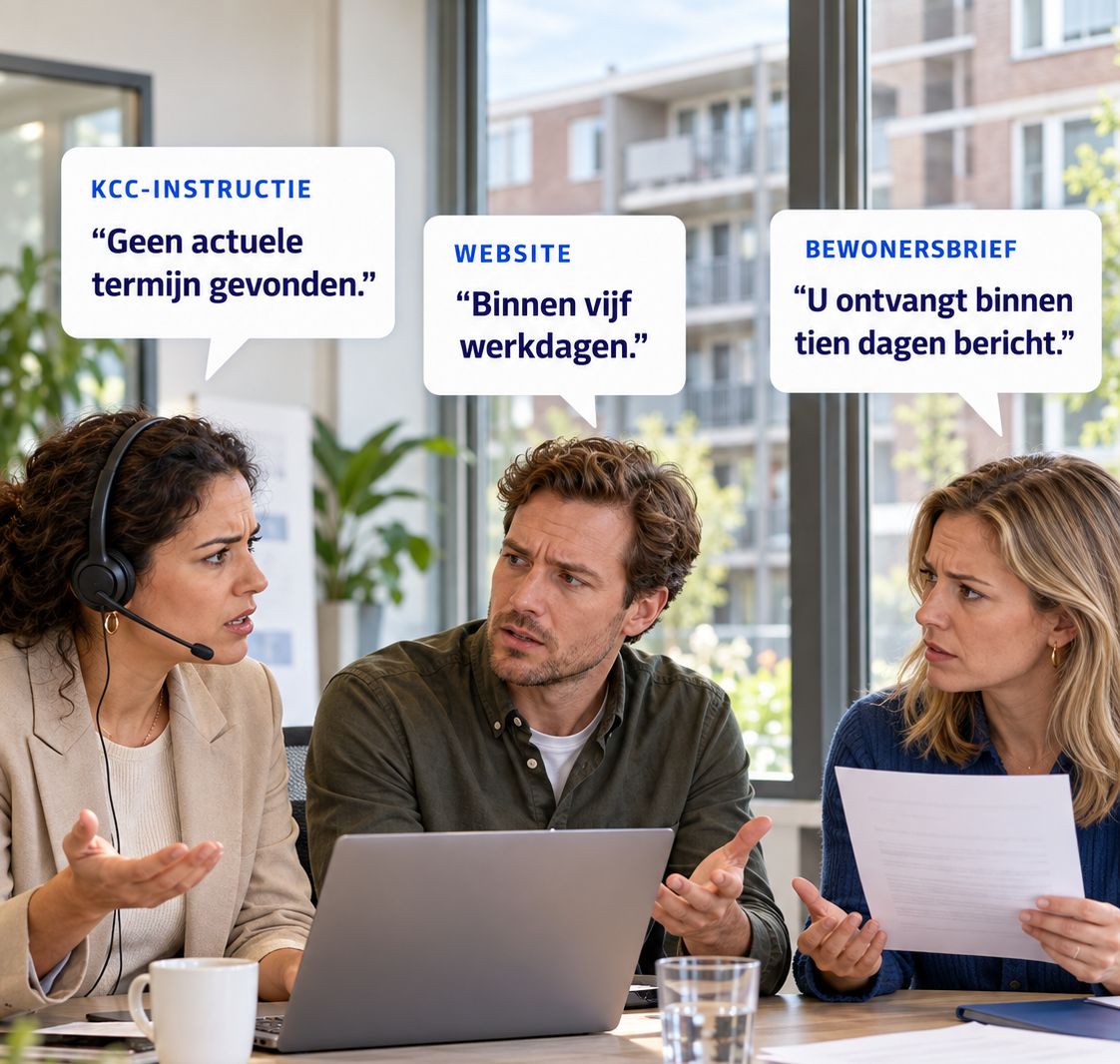 Drie collega's aan een vergadertafel met elk een ander antwoord op dezelfde vraag. KCC-instructie: &ldquo;Geen actuele termijn gevonden.&rdquo; Website: &ldquo;Binnen vijf werkdagen.&rdquo; Bewonersbrief: &ldquo;U ontvangt binnen tien dagen bericht.&rdquo;