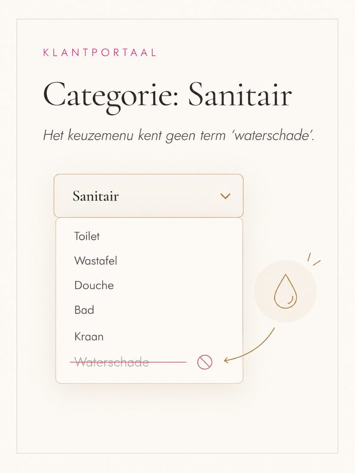 Klantportaal: categorie Sanitair. Het keuzemenu kent geen term &lsquo;waterschade&rsquo;.