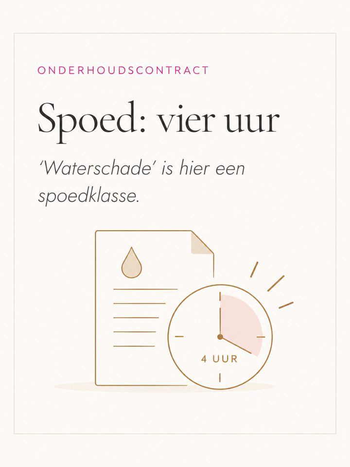 Onderhoudscontract: spoed, vier uur. &lsquo;Waterschade&rsquo; is hier een spoedklasse.